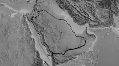 Suudi Arabistan sınır bölgesinin yakın çekimleri gri tonlu bir haritada. Ana nokta. Ülkenin kıvrımlı kenarları. 