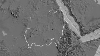 Sudan sınır bölgesinin bir bileklik haritasına yakın plan. Ana nokta. Ülke şekli etrafında özet geç. 