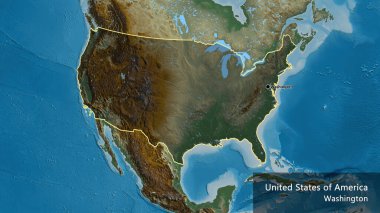 Amerika Birleşik Devletleri sınır bölgesinin yakın çekimleri bir yardım haritasında koyu bir örtüyle vurgulanıyor. Ana nokta. Ülke çapında bir taslak oluşturun. Ülkenin ve başkentinin İngilizce adı