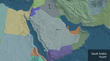 Suudi Arabistan sınırına ve bölgesel sınırlarına bir idari harita üzerinde yakın plan. Ana nokta. Ülke çapında bir taslak oluşturun. Ülkenin ve başkentinin İngilizce adı