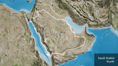 Suudi Arabistan sınırına bir uydu haritasında yakın plan. Ana nokta. Ülke çapında parıldıyor. Ülkenin ve başkentinin İngilizce adı