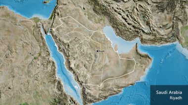Suudi Arabistan sınırına ve bölgesel sınırlarına bir uydu haritasında yakın plan. Ana nokta. Ülke çapında bir taslak oluşturun. Ülkenin ve başkentinin İngilizce adı
