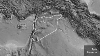 Suriye sınır bölgesinin yakın çekimleri gri tonlu bir haritada. Ana nokta. Ülke çapında parıldıyor. Ülkenin ve başkentinin İngilizce adı