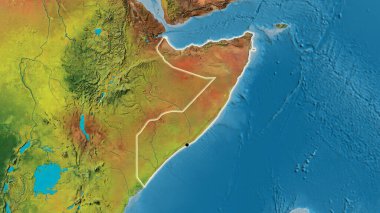 Somali sınır bölgesinin bir topoğrafik haritasına yakın plan. Ana nokta. Ülke çapında parıltı. 