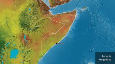 Somali sınır bölgesinin bir topoğrafik haritasına yakın plan. Ana nokta. Ülke çapında bir taslak oluşturun. Ülkenin ve başkentinin İngilizce adı