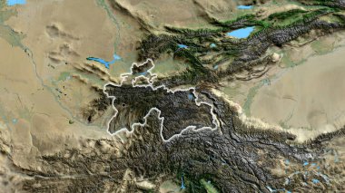 Tacikistan sınır bölgesinin uydu haritasında koyu bir örtüyle işaretlenmiş yakın çekimi. Ana nokta. Ülke çapında parıltı. 