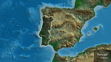 Portekiz sınır bölgesinin yakın çekimleri fiziksel bir harita üzerinde koyu bir örtüyle vurgulanıyor. Ana nokta. Ülke çapında parıldıyor. Ülkenin ve başkentinin İngilizce adı