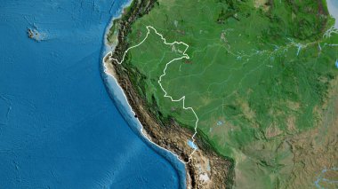 Peru sınır bölgesinin uydu haritasında yakın plan görüntüsü. Ana nokta. Ülke şekli etrafında özet geç. 