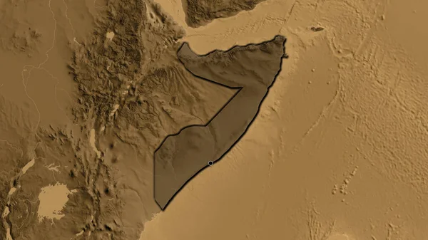 Close Somalia Border Area Highlighting Dark Overlay Sepia Elevation Map — Stock Photo, Image