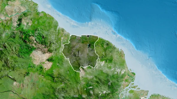 Närbild Surinam Gränsområdet Belyser Med Mörk Överlagring Satellitkarta Huvudpunkt Skissera — Stockfoto
