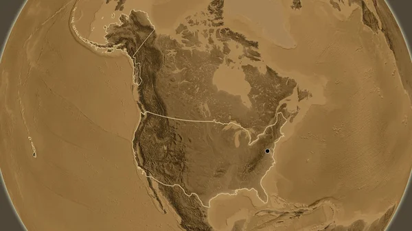 在一个黑色高地地图上对美利坚合众国边境地区的特写 资本点 国家形貌概述 — 图库照片