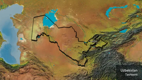 Close Uzbekistan Border Area Topographic Map Capital Point Bevelled Edges — Stock Photo, Image