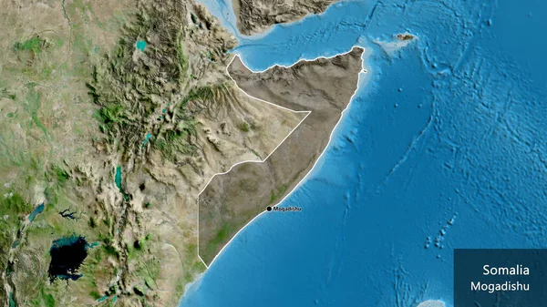 索马里边境地区的特写镜头 用卫星地图上的黑暗阴影突出显示出来 资本点 概略地描述一下国家的面貌 国家及其首都的英文名称 — 图库照片