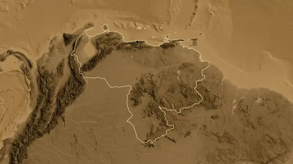 Närbild Venezuelas Gränsområde Karta Över Sepiahöjd Huvudpunkt Skissera Runt Landet — Stockfoto