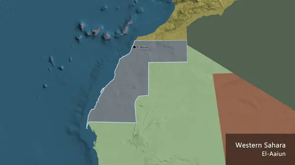 Close-up of the Western Sahara border area highlighting with a dark overlay on a administrative map. Capital point. Outline around the country shape. English name of the country and its capital