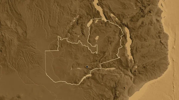 セピア標高地図上のザンビア国境地域の閉鎖 資本ポイント 全国の概要 — ストック写真