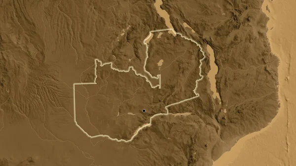 セピア標高地図上のザンビア国境地域の閉鎖 資本ポイント 全国に光る — ストック写真