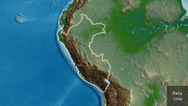 Närbild Perus Gränsområde Fysisk Karta Huvudpunkt Glow Runt Landet Form — Stockfoto