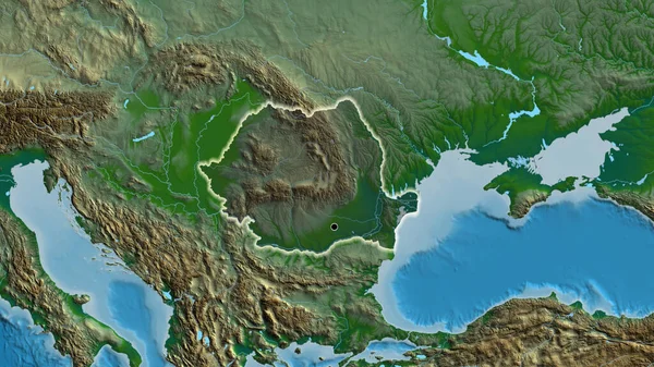 Close Romania Border Area Highlighting Dark Overlay Physical Map Capital — Stock Photo, Image