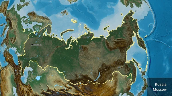 俄罗斯边境地区的特写镜头 用一张解像图上的黑暗阴影凸显出来 资本点 概略地描述一下国家的面貌 国家及其首都的英文名称 — 图库照片