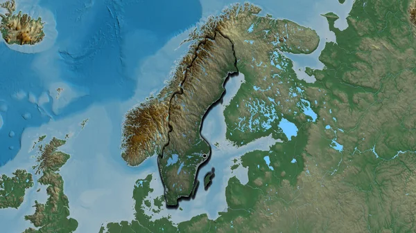 スウェーデンの国境地帯のクローズアップは 救援地図上の暗いオーバーレイで強調しています 資本ポイント 国の形の縁が隠されている — ストック写真
