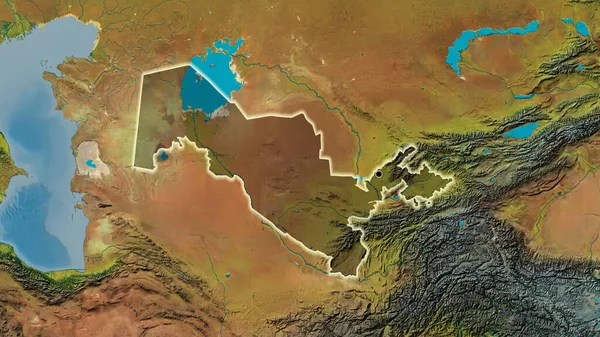 Özbekistan sınır bölgesinin bir topoğrafik haritada koyu bir örtüyle ışıklandırılması. Ana nokta. Ülke çapında parıltı. 