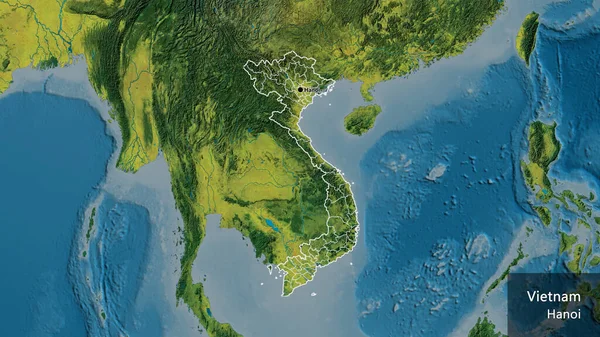 地形図上のベトナム国境地域とその地域の境界線のクローズアップ 資本ポイント 国の形の周りの概要 英名国とその首都 — ストック写真