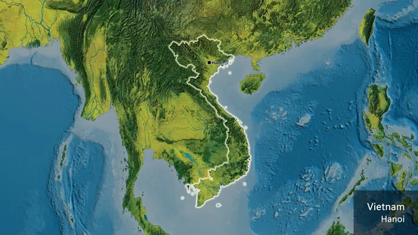地形図上のベトナム国境地域のクローズアップ 資本ポイント 国の形の周りに光る 英名国とその首都 — ストック写真