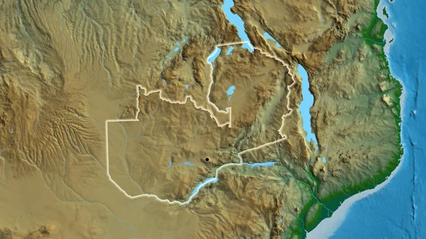 Närbild Zambias Gränsområde Fysisk Karta Huvudpunkt Glow Runt Landet Form — Stockfoto