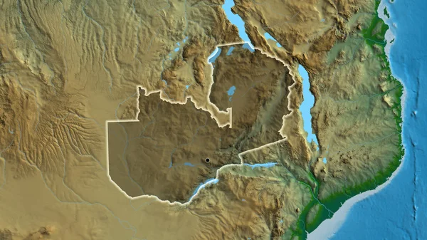Närbild Zambias Gränsområde Med Ett Mörkt Överdrag Fysisk Karta Huvudpunkt — Stockfoto