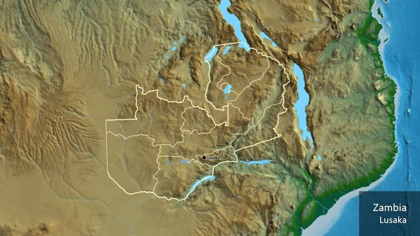 Primer Plano Zona Fronteriza Zambia Sus Fronteras Regionales Mapa Físico — Foto de Stock