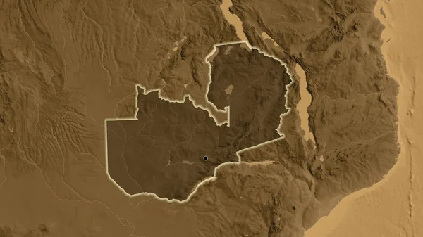 Zbliżenie Strefy Przygranicznej Zambii Ciemną Powłoką Mapie Wzniesień Sepii Główny — Zdjęcie stockowe