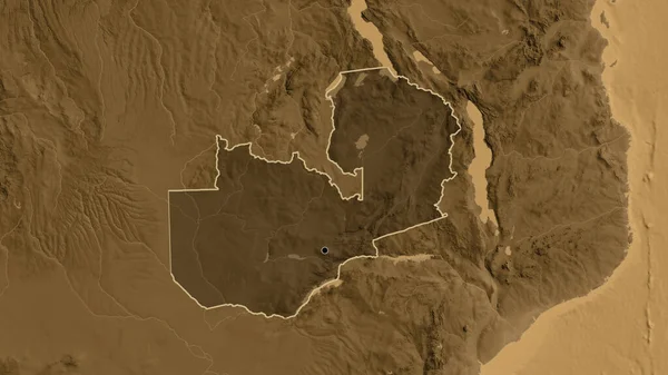 ザンビア国境地域のクローズアップは セピア標高地図上の暗いオーバーレイで強調されています 資本ポイント 全国の概要 — ストック写真