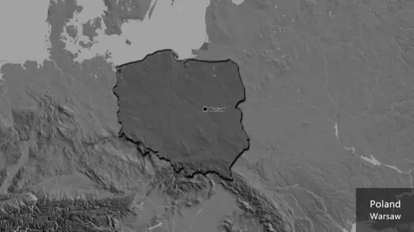 Close-up of the Poland border area highlighting with a dark overlay on a bilevel map. Capital point. Bevelled edges of the country shape. English name of the country and its capital