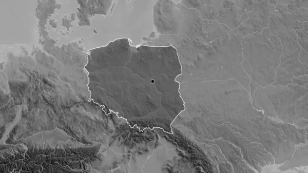 グレースケールの地図上に暗いオーバーレイで強調ポーランド国境地域のクローズアップ 資本ポイント 全国の概要 — ストック写真