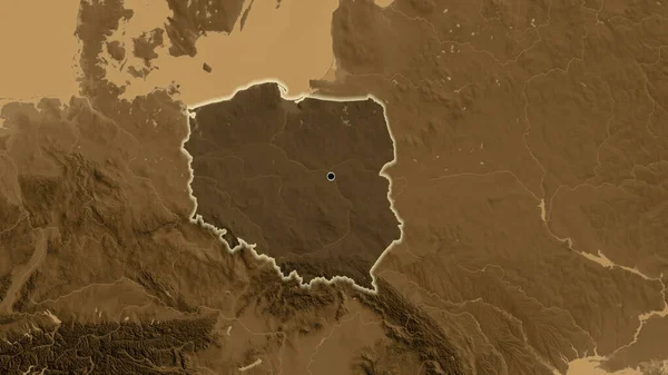 Close-up of the Poland border area highlighting with a dark overlay on a sepia elevation map. Capital point. Glow around the country shape.