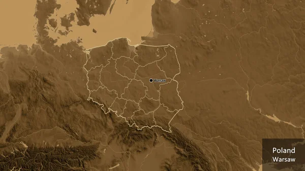 Close-up of the Poland border area and its regional borders on a sepia elevation map. Capital point. Outline around the country shape. English name of the country and its capital