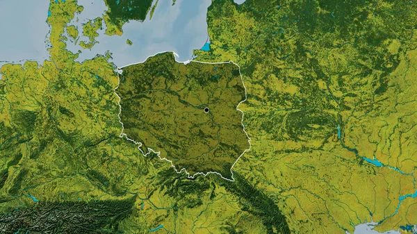 Close-up of the Poland border area highlighting with a dark overlay on a topographic map. Capital point. Outline around the country shape.