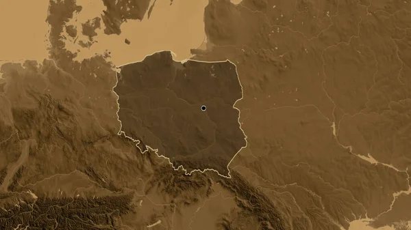 Close-up of the Poland border area highlighting with a dark overlay on a sepia elevation map. Capital point. Outline around the country shape.