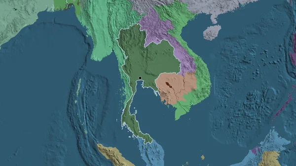 Tayland sınır bölgesinin, idari bir harita üzerinde koyu bir örtüyle ışıklandırılması. Ana nokta. Ülke şekli etrafında özet geç. 