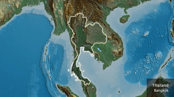 泰国边境地区的特写镜头突出显示了一张救济地图上的黑暗阴影 资本点 风靡全国各地 国家及其首都的英文名称 — 图库照片