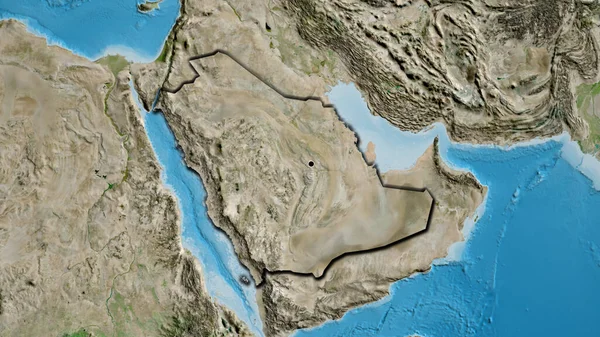 Close-up of the Saudi Arabia border area on a satellite map. Capital point. Bevelled edges of the country shape.