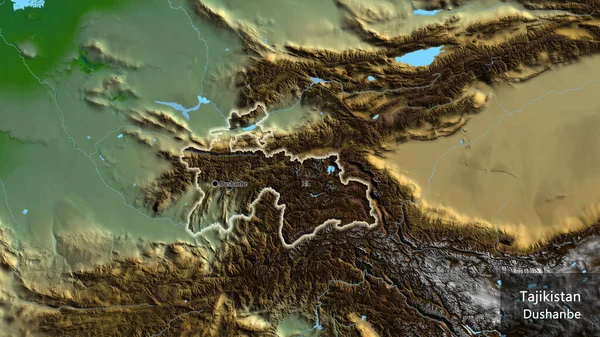 物理的な地図上のタジキスタン国境地域のクローズアップ 資本ポイント 国の形の周りに光る 英名国とその首都 — ストック写真
