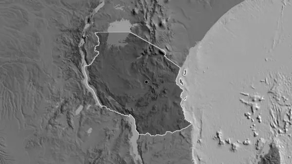 Zbliżenie Strefy Przygranicznej Tanzanii Ciemnym Pokryciem Mapie Dwupoziomowej Główny Punkt — Zdjęcie stockowe