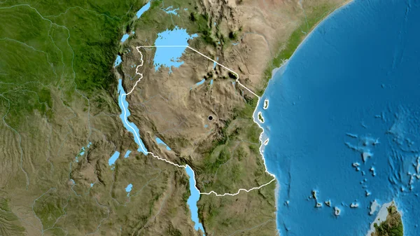 Tanzanya sınır bölgesinin uydu haritasında yakın plan görüntüsü. Ana nokta. Ülke şekli etrafında özet geç. 