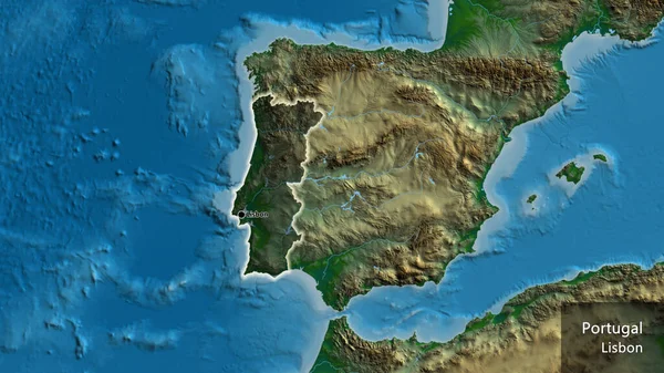 Close Portugal Border Area Highlighting Dark Overlay Physical Map Capital — Stock Photo, Image
