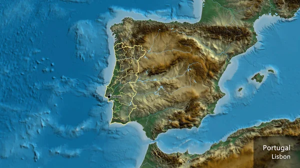 ポルトガル国境地域とその地域境界線の地図上のクローズアップ 資本ポイント 国の形の周りの概要 英名国とその首都 — ストック写真