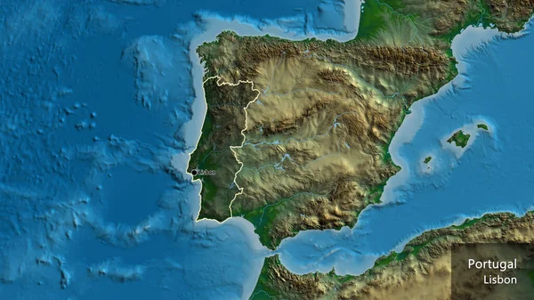 Close-up of the Portugal border area highlighting with a dark overlay on a physical map. Capital point. Outline around the country shape. English name of the country and its capital