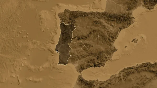 Närbild Portugals Gränsområde Med Ett Mörkt Överdrag Sepiahöjdskarta Huvudpunkt Skissera — Stockfoto