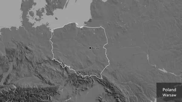 Close-up of the Poland border area on a bilevel map. Capital point. Outline around the country shape. English name of the country and its capital